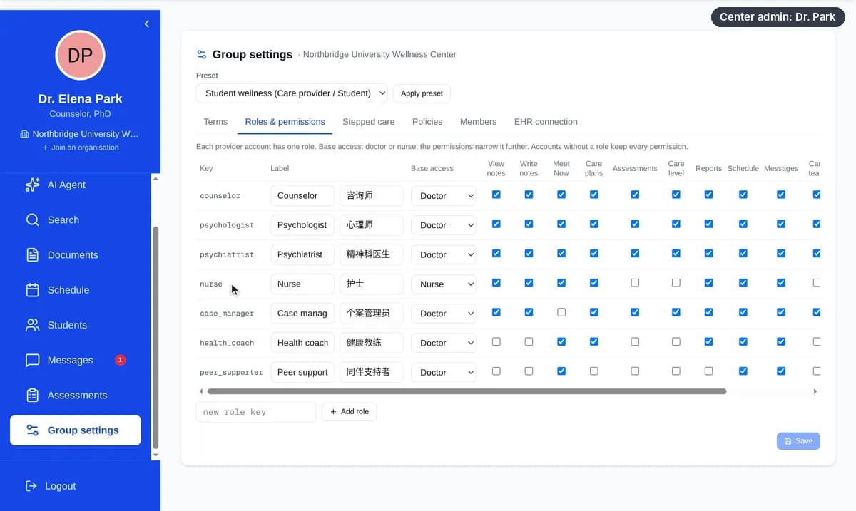 Recording: Dr. Elena Park opens Group settings and goes through its tabs: Terms, the Roles & permissions matrix (scrolled to the EHR columns), Stepped care levels and suggestion rules, Policies, Members with invite links (link addresses blurred) and EHR connection.