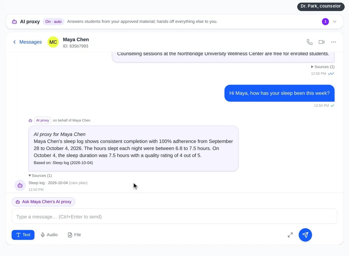 Recording: Maya asks whether counseling sessions cost anything. Dr. Park's AI proxy answers, labelled as an AI proxy, and cites the Wellness Center's services page. Then Dr. Park asks Maya's AI proxy how her sleep has been; it answers from the sleep log Maya shares, with dates, and cites it.