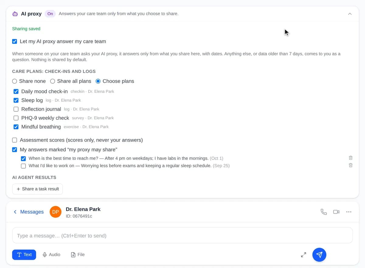 Recording: Maya opens her AI proxy settings, starts sharing her Mindful breathing plan, stops sharing her assessment scores and saves; “Sharing saved” appears.