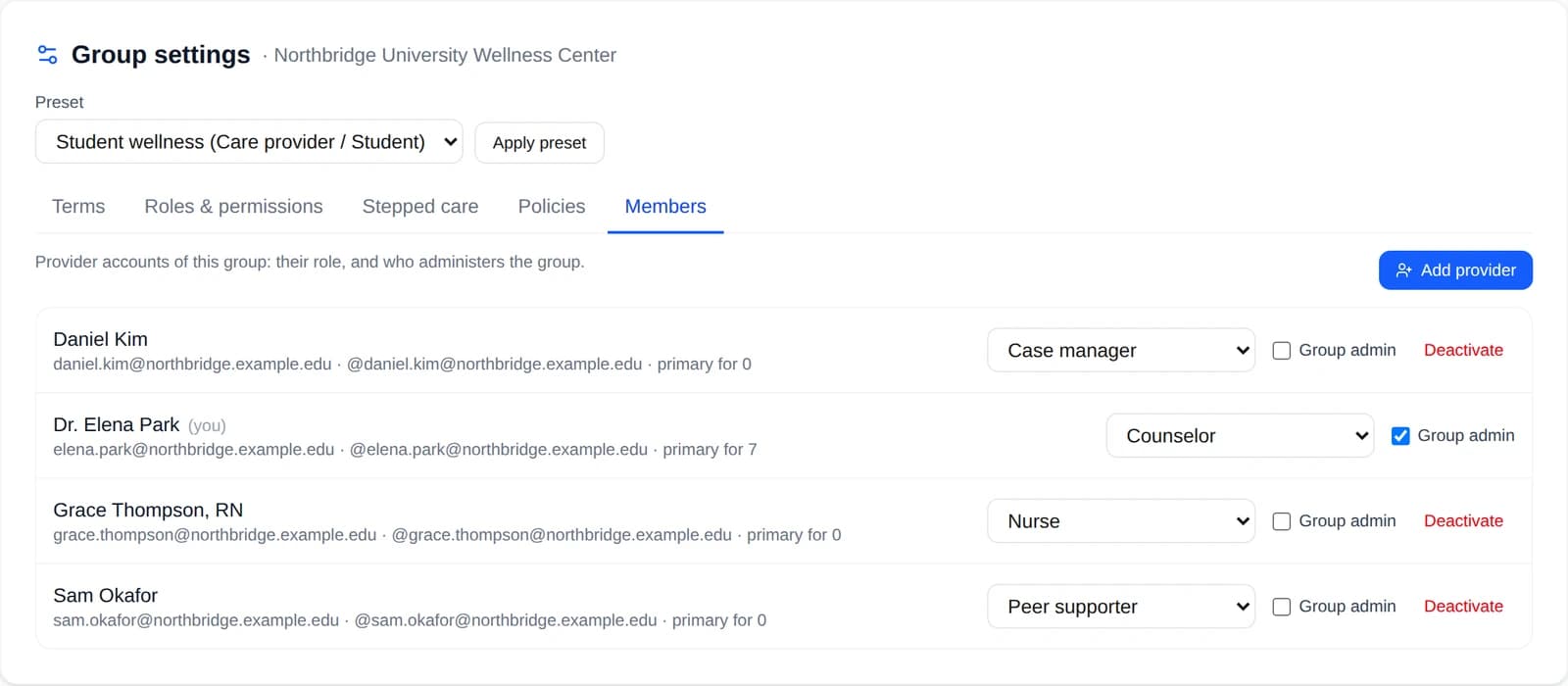 Group settings, Members: the center's providers with their roles (case manager, counselor, nurse, peer supporter).