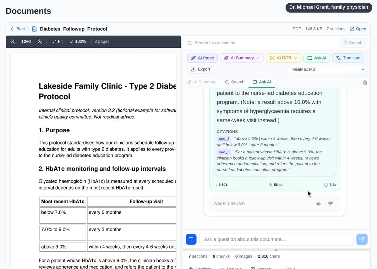 Recording: Dr. Grant opens Documents and uploads a fictional diabetes follow-up protocol (PDF) and a lab-results sheet (Excel); each shows Processing, then Ready (about 8 seconds later). He types the search “what is the follow-up interval for HbA1c above 9%?”; the results, marked semantic search and reranked, show passages from the protocol's HbA1c section and from the lab sheet. He opens the top passage, clicks Ask AI and asks “What is the follow-up interval if a patient's HbA1c is above 9%?”. About 9 seconds later the answer appears: a visit within 4 weeks, then every 4–6 weeks until HbA1c is below 9.0%, with citations quoting the protocol's HbA1c section.