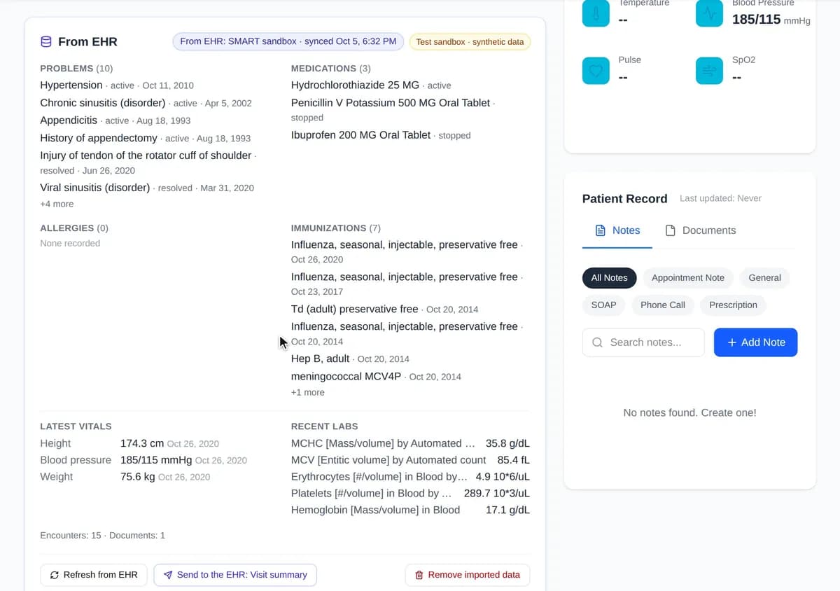 Group settings connect a SMART on FHIR test sandbox; a clinician signs in to the sandbox EHR, picks a synthetic patient, the record is imported with its source, and a visit note is sent back and read from the EHR.