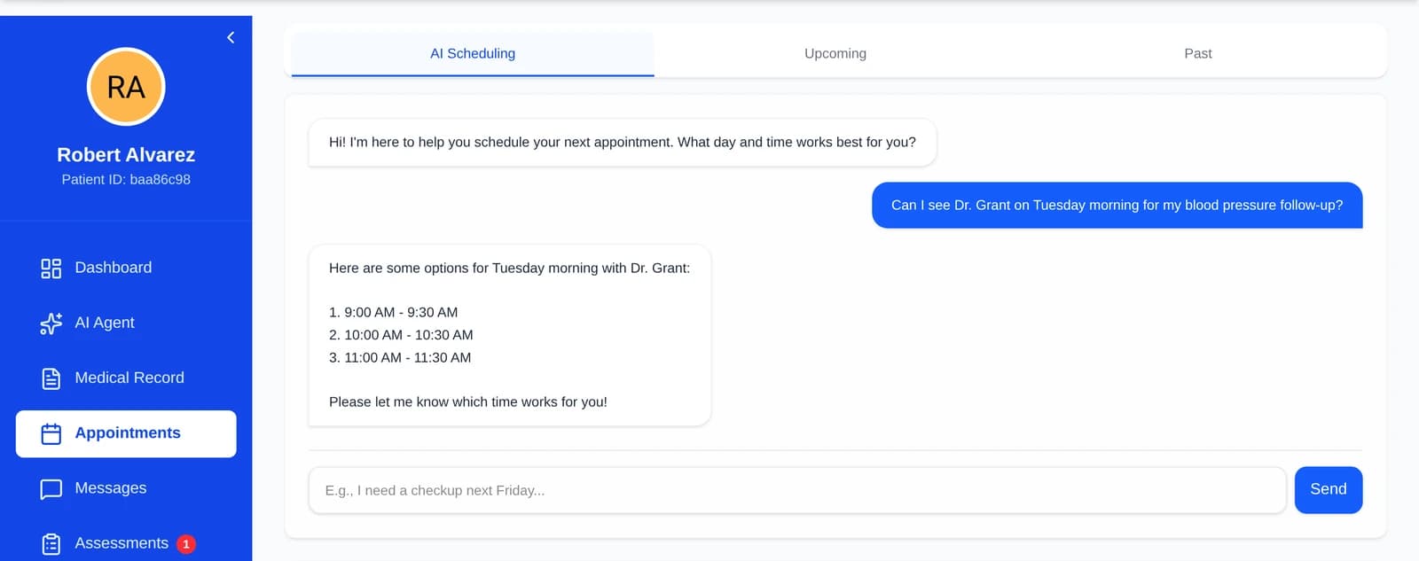 The patient's AI scheduling assistant proposing open appointment times.