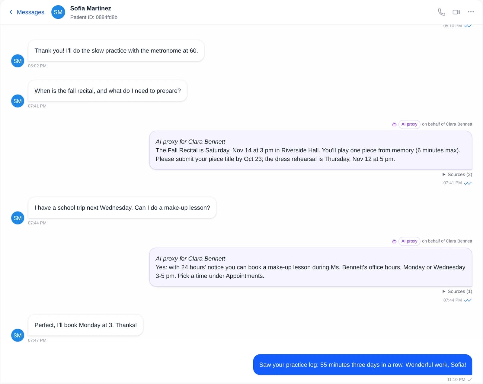 Messages where the teacher's AI proxy answers a student's course question.