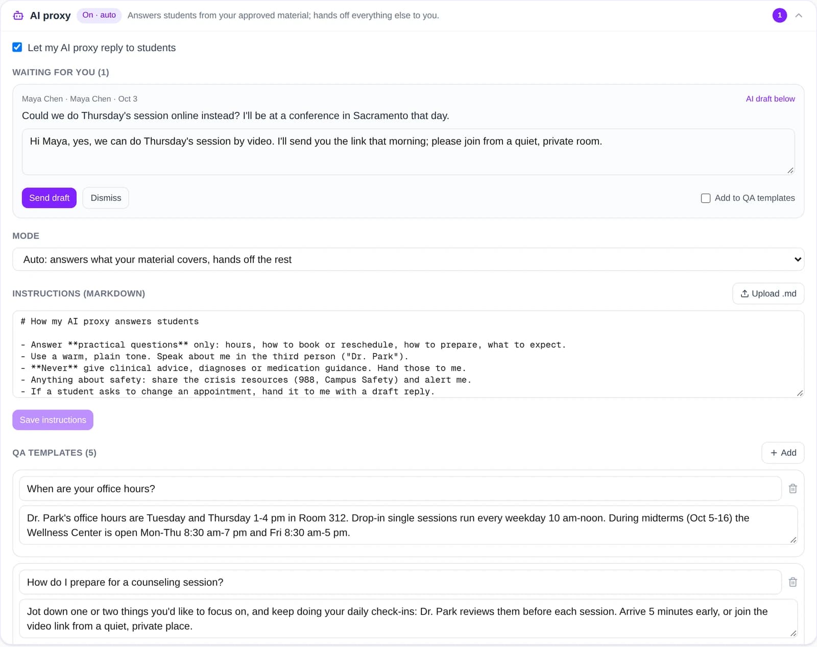 A provider's AI proxy settings: mode, instructions and approved answers.